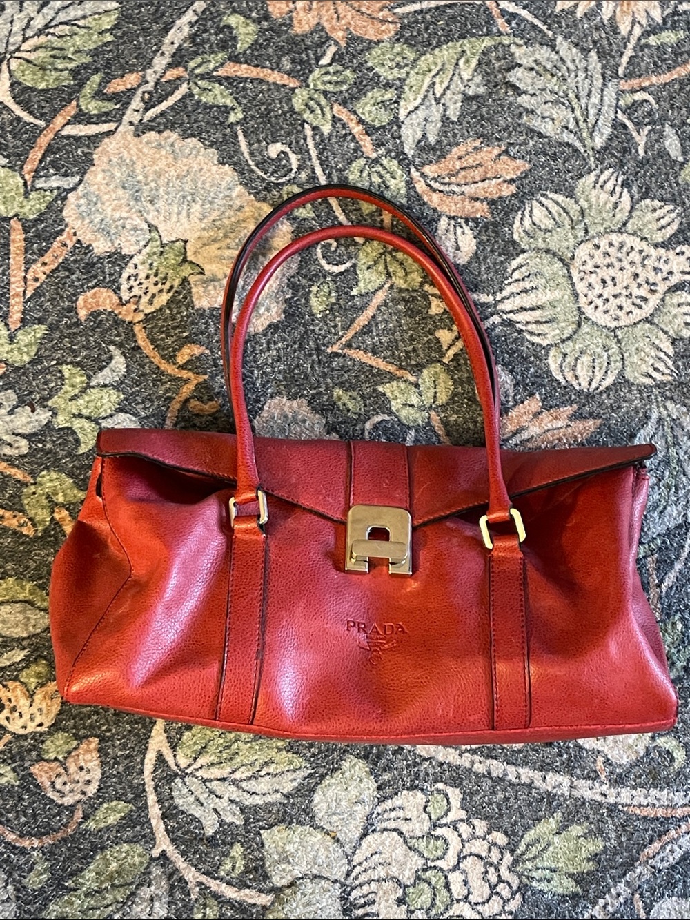 totes Red Leather Double-Handle Shoulder Bag with Gold-Tone Buckle